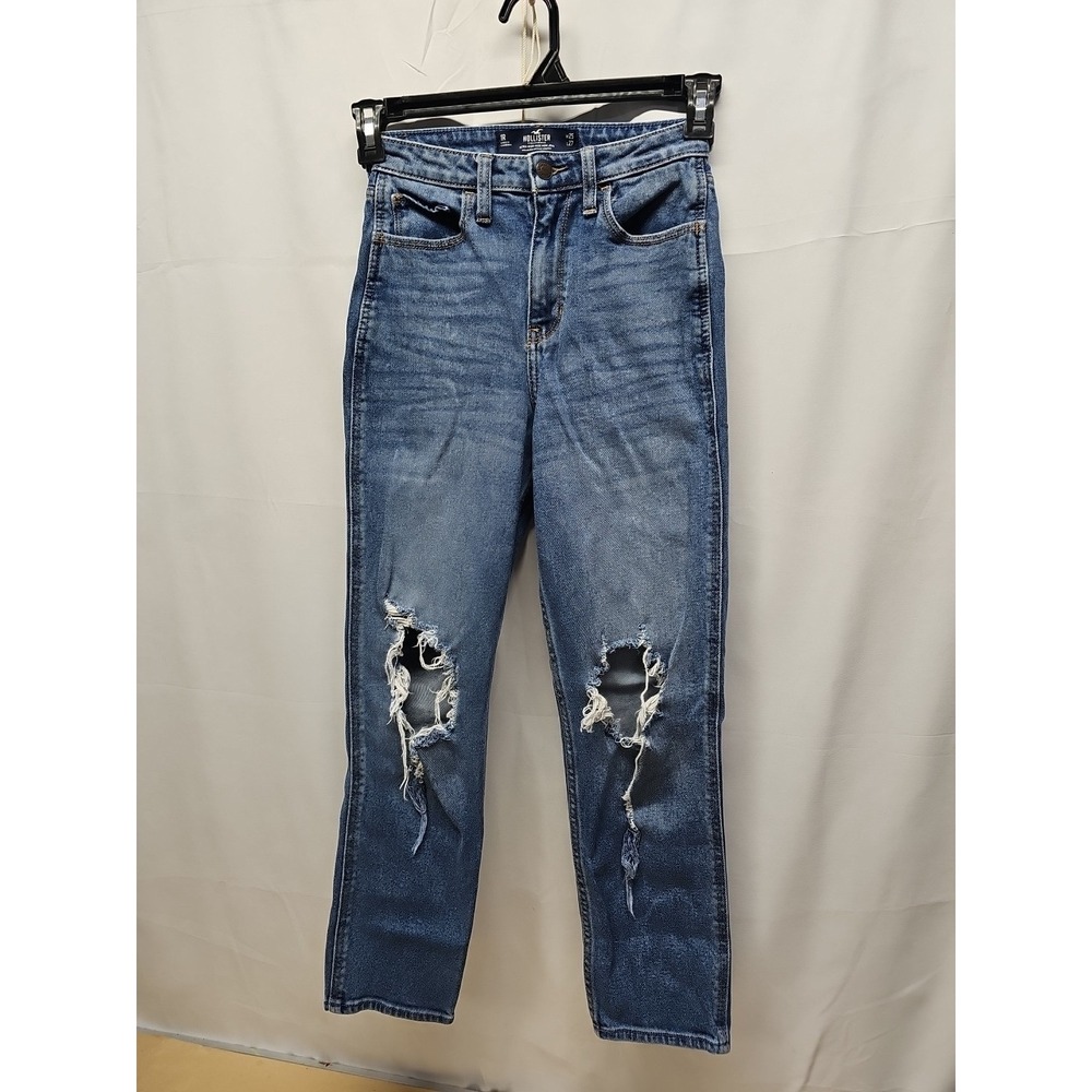 Hollister Ultra High-Rise Blue Distressed Denim Mom Jeans Juniors Sz 1r W25 L27 - Picture 4 of 15